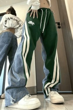 Y2K Patchwork Striped Baggy Boyfriend Jeans - Coquette Aesthetic Grunge Style Women's Fashion