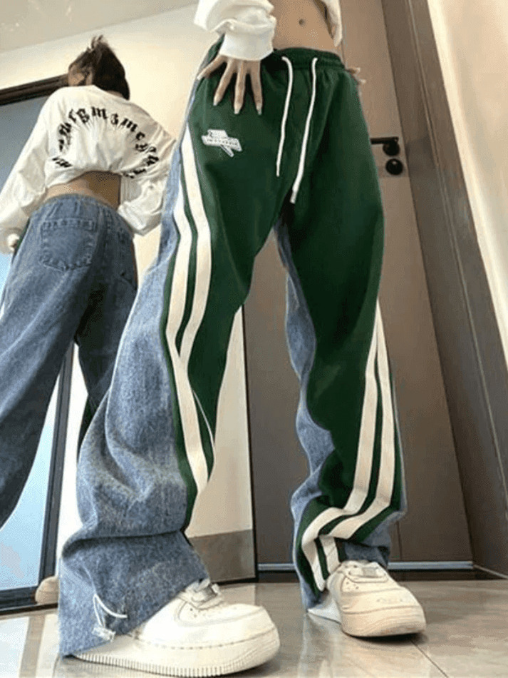 Y2K Patchwork Striped Baggy Boyfriend Jeans - Coquette Aesthetic Grunge Style Women's Fashion Y2K Patchwork Striped Baggy Boyfriend Jeans - Coquette Aesthetic Grunge Style Women's Fashion