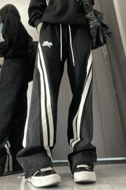 Y2K Patchwork Striped Baggy Boyfriend Jeans - Coquette Aesthetic Grunge Style Women's Fashion