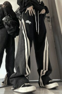 Y2K Patchwork Striped Baggy Boyfriend Jeans - Coquette Aesthetic Grunge Style Women's Fashion