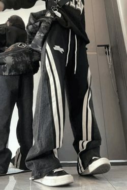 Y2K Patchwork Striped Baggy Boyfriend Jeans - Coquette Aesthetic Grunge Style Women's Fashion