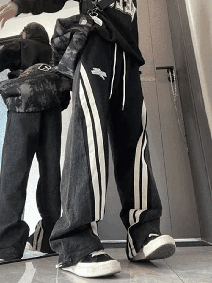 Y2K Patchwork Striped Baggy Boyfriend Jeans - Coquette Aesthetic Grunge Style Women's Fashion Y2K Patchwork Striped Baggy Boyfriend Jeans - Coquette Aesthetic Grunge Style Women's Fashion