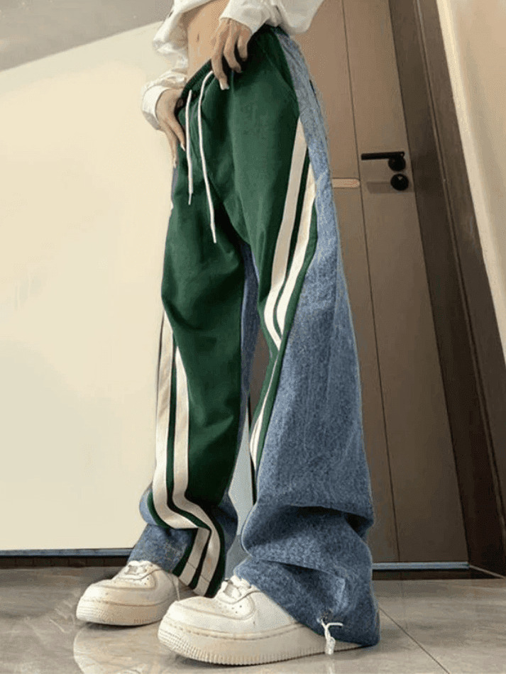 Y2K Patchwork Striped Baggy Boyfriend Jeans - Coquette Aesthetic Grunge Style Women's Fashion Y2K Patchwork Striped Baggy Boyfriend Jeans - Coquette Aesthetic Grunge Style Women's Fashion