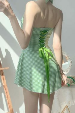 Y2K Plaid Halter Neck Suspender Swimsuit Dress - Coquette Aesthetic Fashion Statement