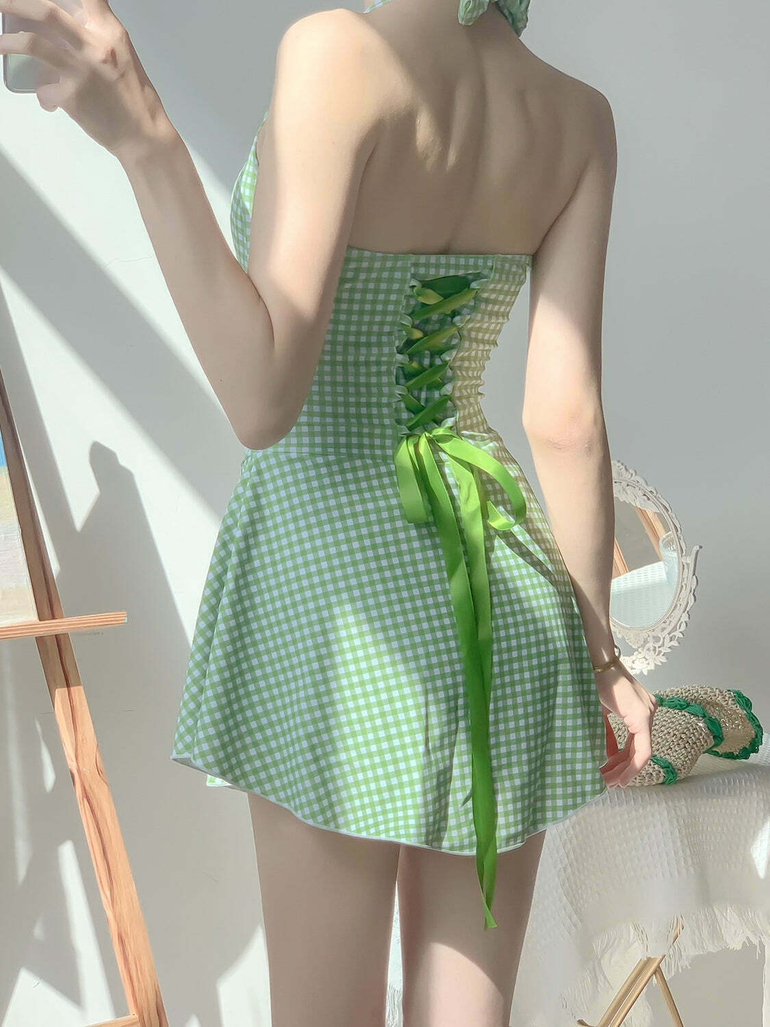 Y2K Plaid Halter Neck Suspender Swimsuit Dress - Coquette Aesthetic Fashion Statement Y2K Plaid Halter Neck Suspender Swimsuit Dress - Coquette Aesthetic Fashion Statement