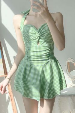 Y2K Plaid Halter Neck Suspender Swimsuit Dress - Coquette Aesthetic Fashion Statement