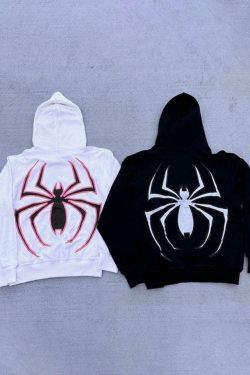 Y2K Punk Spider Print Oversized Hoodie for Women - Coquette Aesthetic Grunge Style Fashion