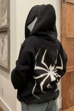 Y2K Punk Spider Print Oversized Hoodie for Women - Coquette Aesthetic Grunge Style Fashion