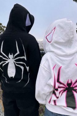 Y2K Punk Spider Print Oversized Hoodie for Women - Coquette Aesthetic Grunge Style Fashion