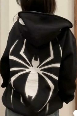 Y2K Punk Spider Print Oversized Hoodie for Women - Coquette Aesthetic Grunge Style Fashion