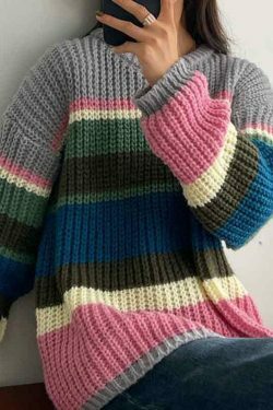 Y2K Rainbow Stripe Knit Sweater: Coquette Aesthetic, Grunge Style, Past
