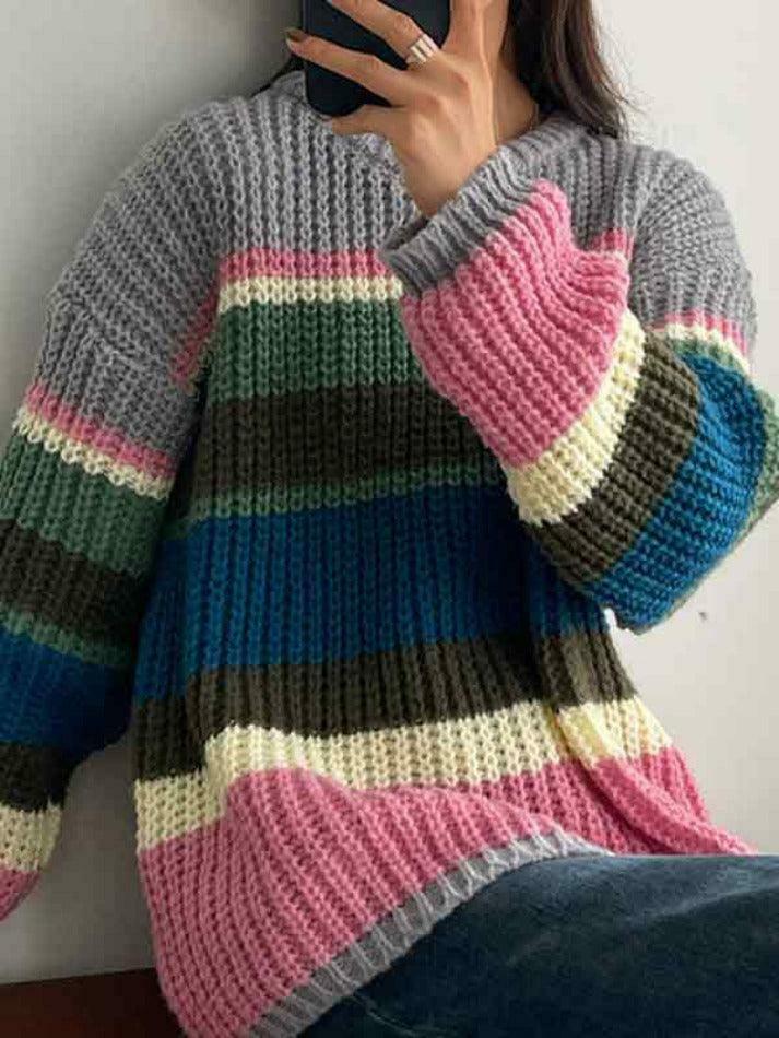 Y2K Rainbow Stripe Knit Sweater: Coquette Aesthetic, Grunge Style, Past