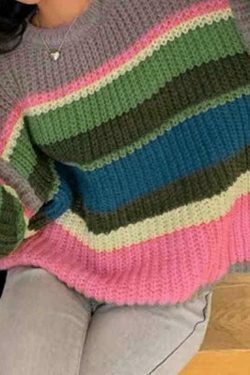 Y2K Rainbow Stripe Knit Sweater: Coquette Aesthetic, Grunge Style, Past