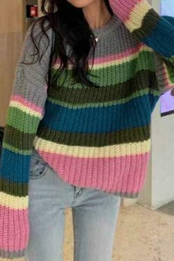 Y2K Rainbow Stripe Knit Sweater: Coquette Aesthetic, Grunge Style, Past