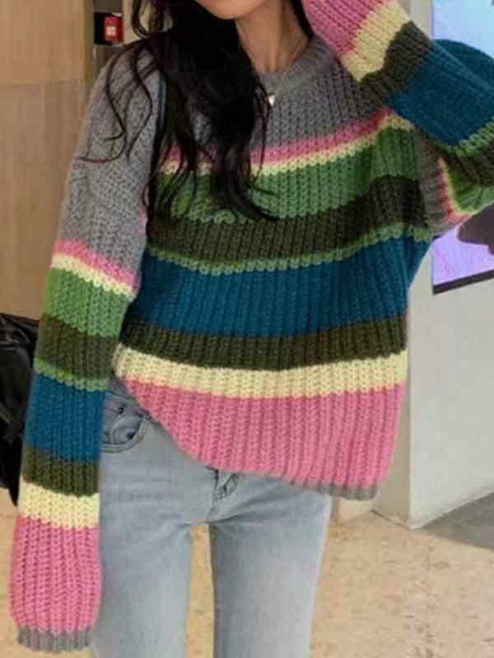 Y2K Rainbow Stripe Knit Sweater: Coquette Aesthetic, Grunge Style, Past