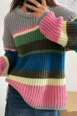 Y2K Rainbow Stripe Knit Sweater: Coquette Aesthetic, Grunge Style, Past