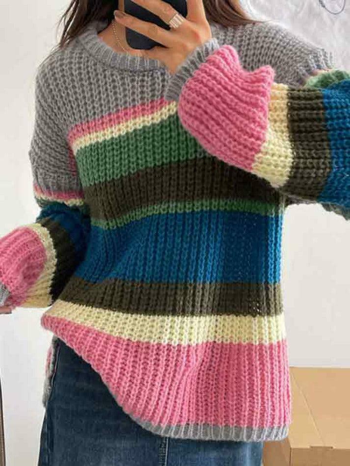Y2K Rainbow Stripe Knit Sweater: Coquette Aesthetic, Grunge Style, Past