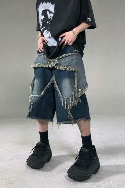 Y2K Raw Hem Star Jorts: Coquette Aesthetic Grunge Style Cargo Skirt
