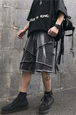 Y2K Rebellion Frayed Denim Shorts - Coquette Aesthetic Grunge Style Cargo Skirt