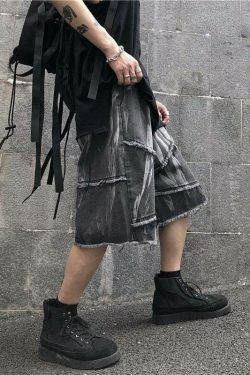 Y2K Rebellion Frayed Denim Shorts - Coquette Aesthetic Grunge Style Cargo Skirt