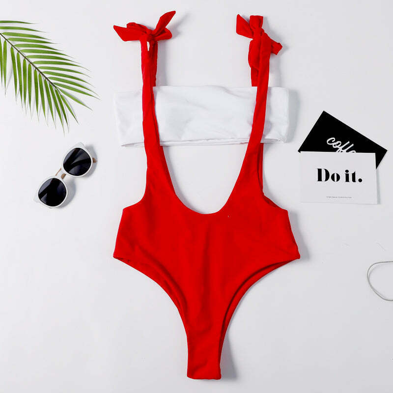 Y2K Red Cutout Tie Shoulder Swimsuit - Coquette Aesthetic Grunge Style Vintage Swimwear