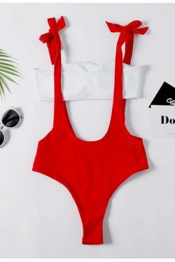 Y2K Red Cutout Tie Shoulder Swimsuit - Coquette Aesthetic Grunge Style Vintage Swimwear