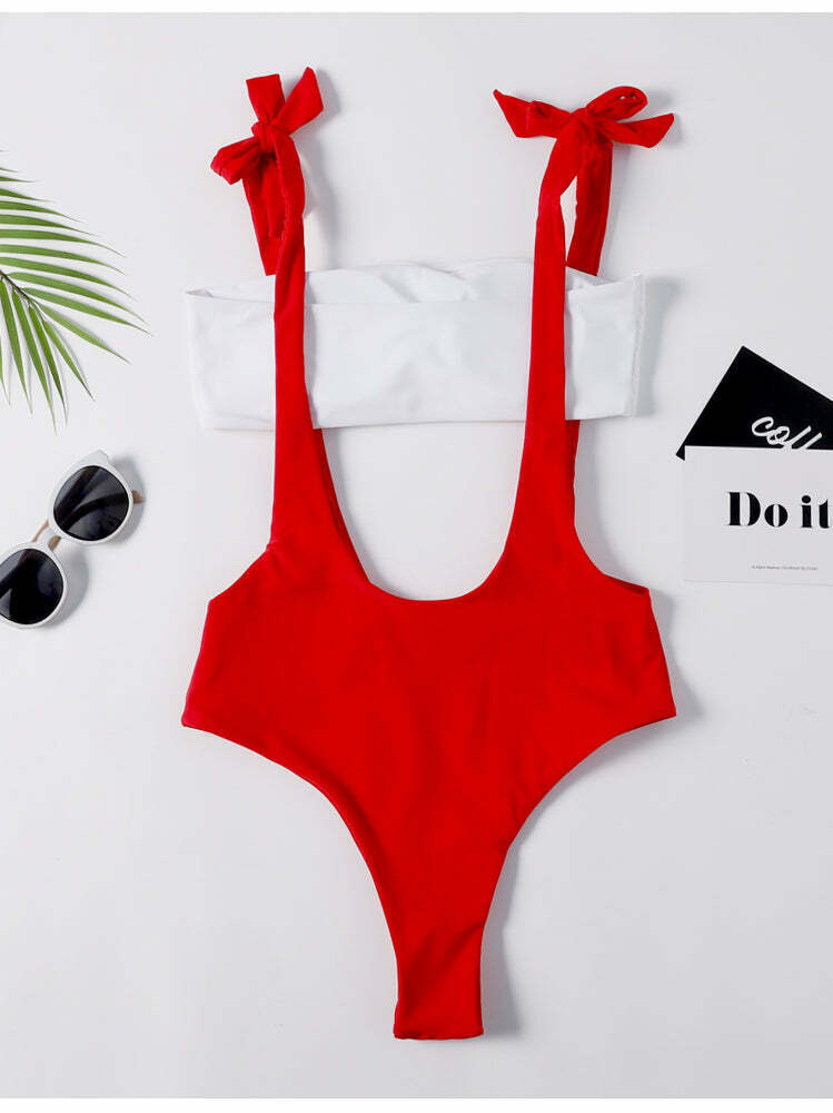 Y2K Red Cutout Tie Shoulder Swimsuit - Coquette Aesthetic Grunge Style Vintage Swimwear