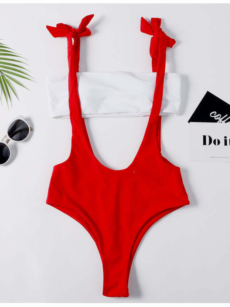 Y2K Red Cutout Tie Shoulder Swimsuit - Coquette Aesthetic Grunge Style Vintage Swimwear
