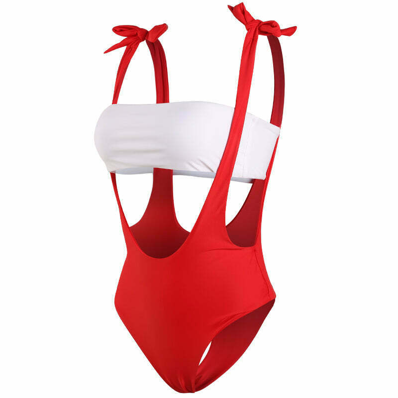 Y2K Red Cutout Tie Shoulder Swimsuit - Coquette Aesthetic Grunge Style Vintage Swimwear