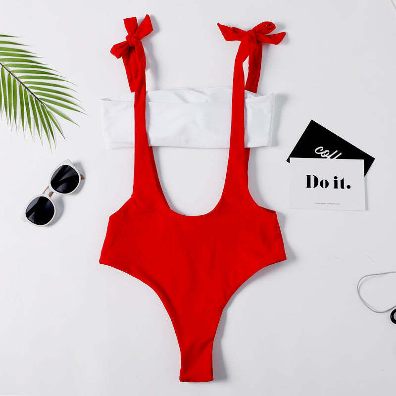 Y2K Red Cutout Tie Shoulder Swimsuit - Coquette Aesthetic Grunge Style Vintage Swimwear