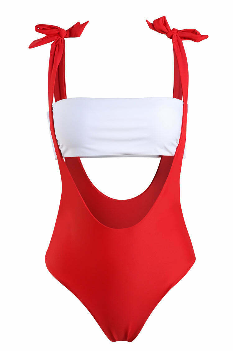 Y2K Red Cutout Tie Shoulder Swimsuit - Coquette Aesthetic Grunge Style Vintage Swimwear
