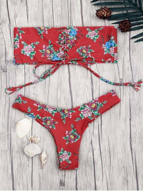 Y2K Red Lace-Up Floral Bandeau Bikini Set - Coquette Aesthetic Swimwear for Women
