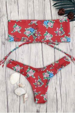 Y2K Red Lace-Up Floral Bandeau Bikini Set - Coquette Aesthetic Swimwear for Women