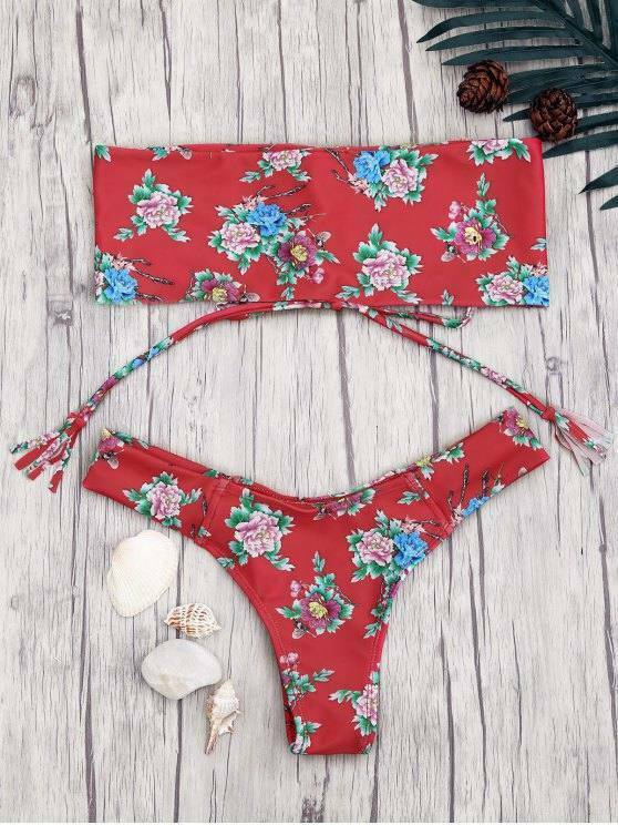 Y2K Red Lace-Up Floral Bandeau Bikini Set - Coquette Aesthetic Swimwear for Women