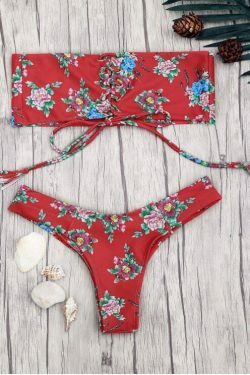 Y2K Red Lace-Up Floral Bandeau Bikini Set - Coquette Aesthetic Swimwear for Women