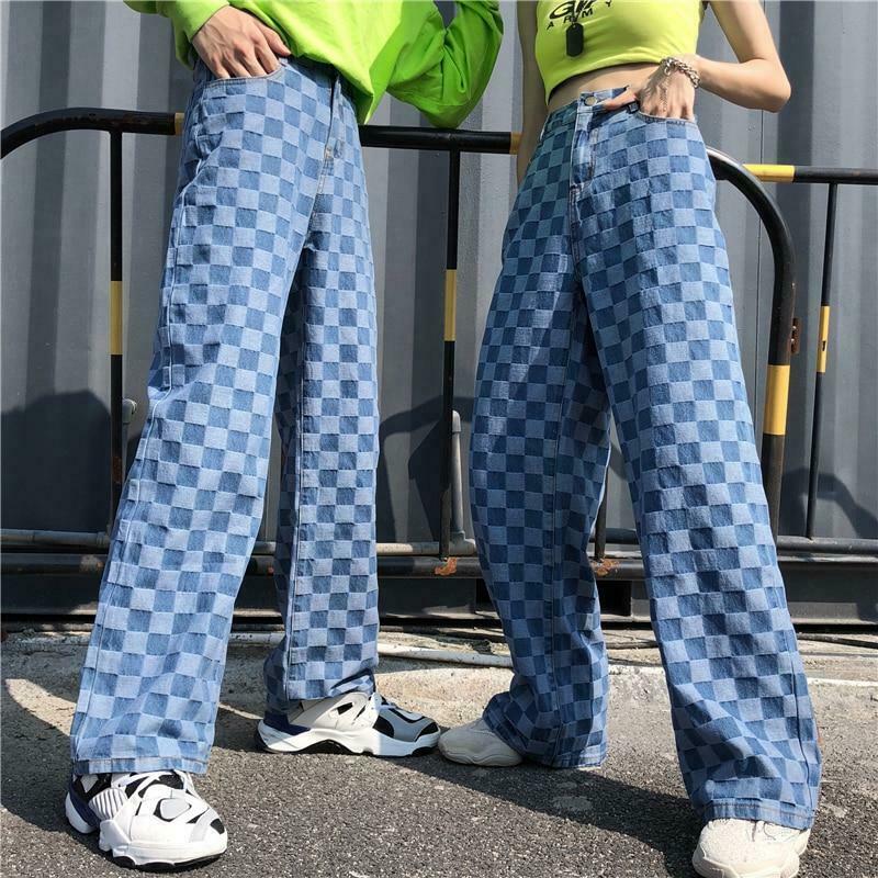 Y2K Retro Blue Checkered Denim Loose Pants - Coquette Aesthetic Grunge Style Cargo Skirt Y2K Retro Blue Checkered Denim Loose Pants - Coquette Aesthetic Grunge Style Cargo Skirt