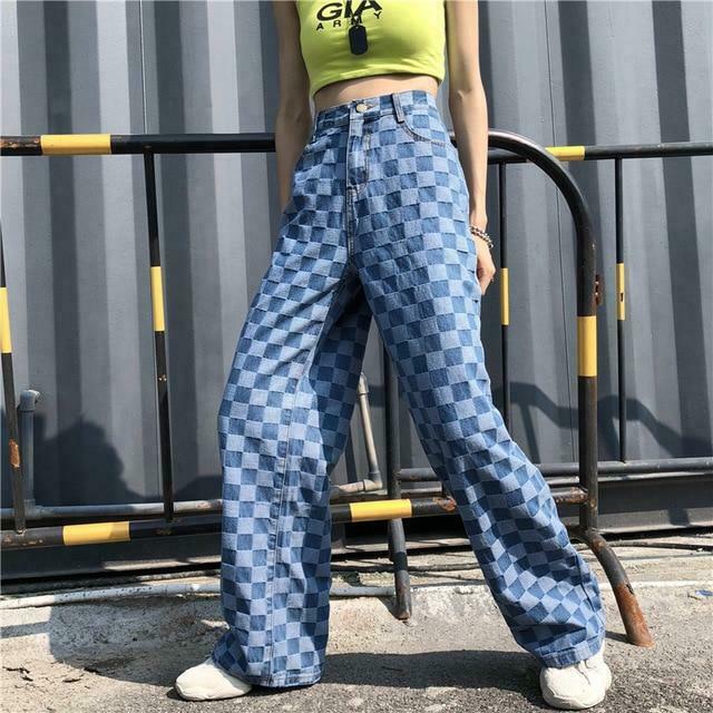 Y2K Retro Blue Checkered Denim Loose Pants - Coquette Aesthetic Grunge Style Cargo Skirt Y2K Retro Blue Checkered Denim Loose Pants - Coquette Aesthetic Grunge Style Cargo Skirt