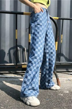 Y2K Retro Blue Checkered Denim Loose Pants - Coquette Aesthetic Grunge Style Cargo Skirt