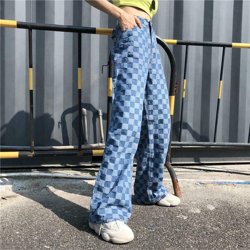 Y2K Retro Blue Checkered Denim Loose Pants - Coquette Aesthetic Grunge Style Cargo Skirt Y2K Retro Blue Checkered Denim Loose Pants - Coquette Aesthetic Grunge Style Cargo Skirt