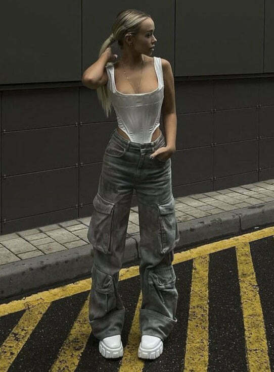 Y2K Retro Denim Pocket Pants: Coquette Aesthetic Cargo Skirt for Women - Grunge Style Fashion Y2K Retro Denim Pocket Pants: Coquette Aesthetic Cargo Skirt for Women - Grunge Style Fashion