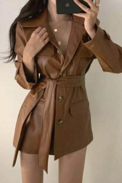 Y2K Retro Lace-Up PU Leather Jacket for Women - Coquette Aesthetic Grunge Style Fashion