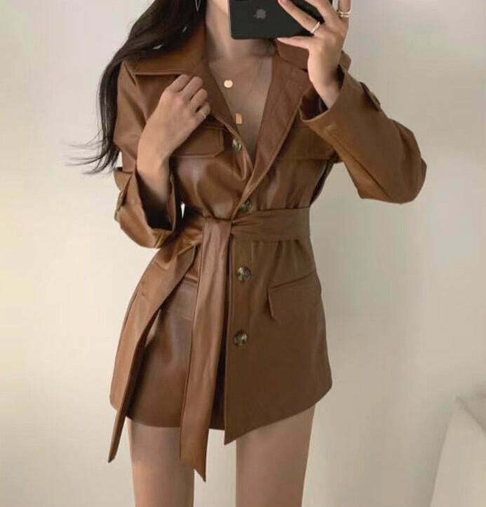 Y2K Retro Lace-Up PU Leather Jacket for Women - Coquette Aesthetic Grunge Style Fashion