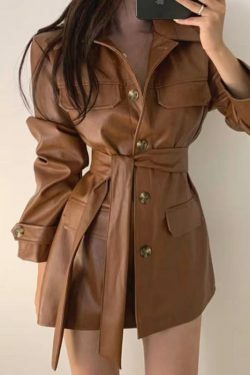 Y2K Retro Lace-Up PU Leather Jacket for Women - Coquette Aesthetic Grunge Style Fashion