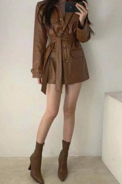 Y2K Retro Lace-Up PU Leather Jacket for Women - Coquette Aesthetic Grunge Style Fashion