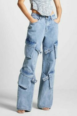 Y2K Retro Multi-Pocket Strap Jeans: Coquette Aesthetic Cargo Skirt Grunge Style Pastel Goth Vibes
