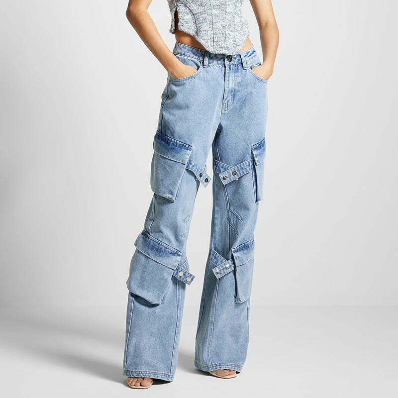 Y2K Retro Multi-Pocket Strap Jeans: Coquette Aesthetic Cargo Skirt Grunge Style Pastel Goth Vibes Y2K Retro Multi-Pocket Strap Jeans: Coquette Aesthetic Cargo Skirt Grunge Style Pastel Goth Vibes