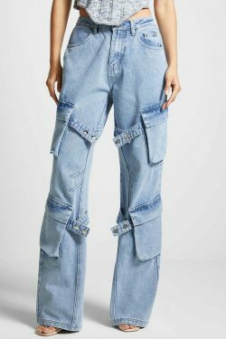 Y2K Retro Multi-Pocket Strap Jeans: Coquette Aesthetic Cargo Skirt Grunge Style Pastel Goth Vibes