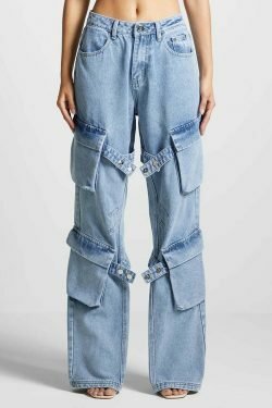 Y2K Retro Multi-Pocket Strap Jeans: Coquette Aesthetic Cargo Skirt Grunge Style Pastel Goth Vibes