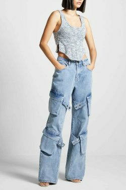 Y2K Retro Multi-Pocket Strap Jeans: Coquette Aesthetic Cargo Skirt Grunge Style Pastel Goth Vibes