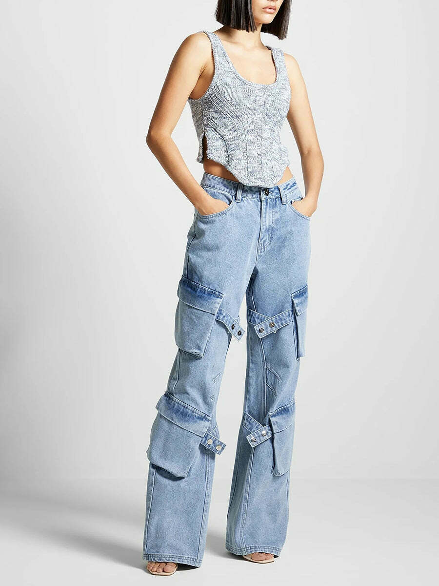 Y2K Retro Multi-Pocket Strap Jeans: Coquette Aesthetic Cargo Skirt Grunge Style Pastel Goth Vibes Y2K Retro Multi-Pocket Strap Jeans: Coquette Aesthetic Cargo Skirt Grunge Style Pastel Goth Vibes